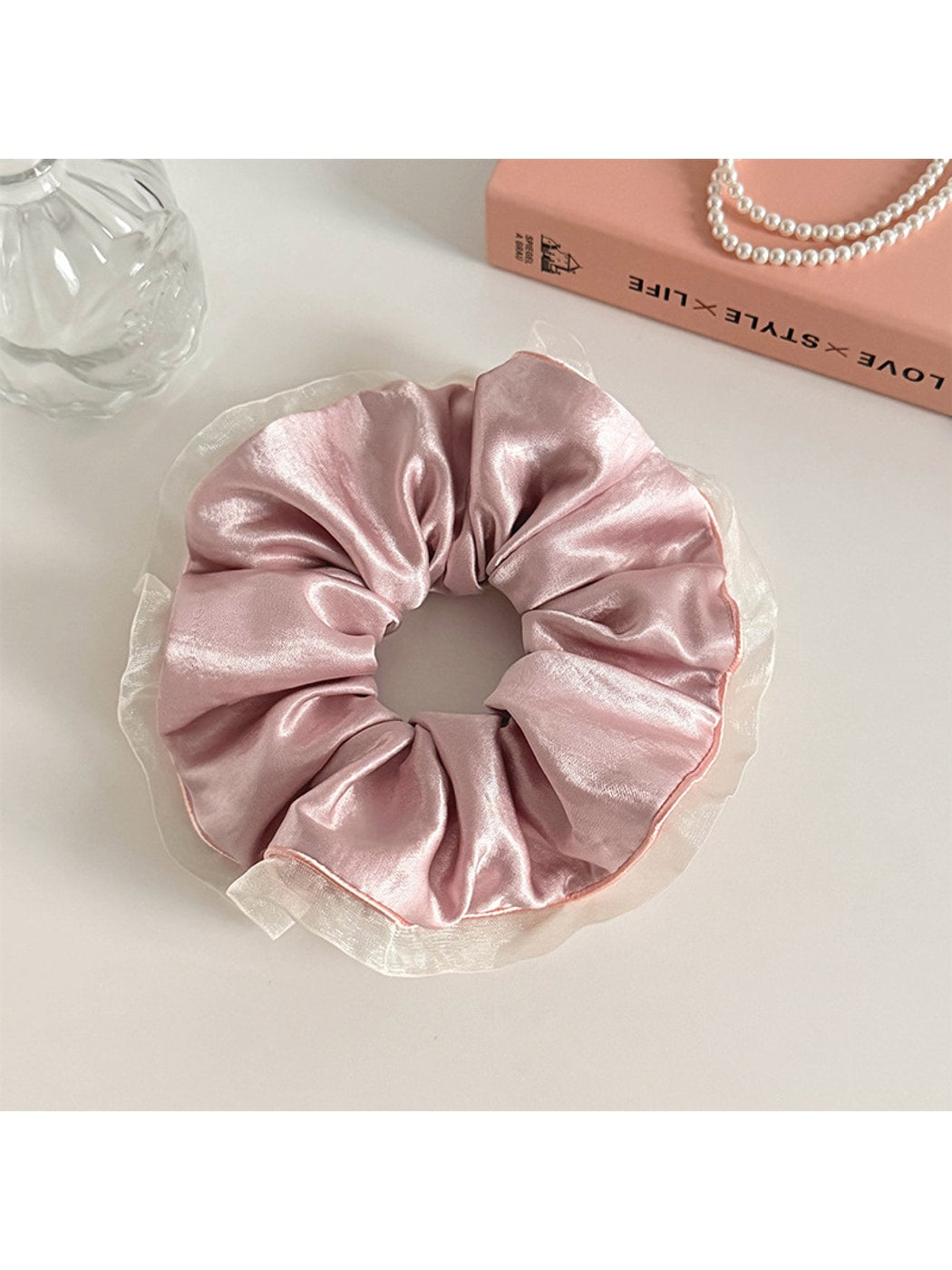 Gifty - Polyester Satin Look Mesh Trim Scrunchie