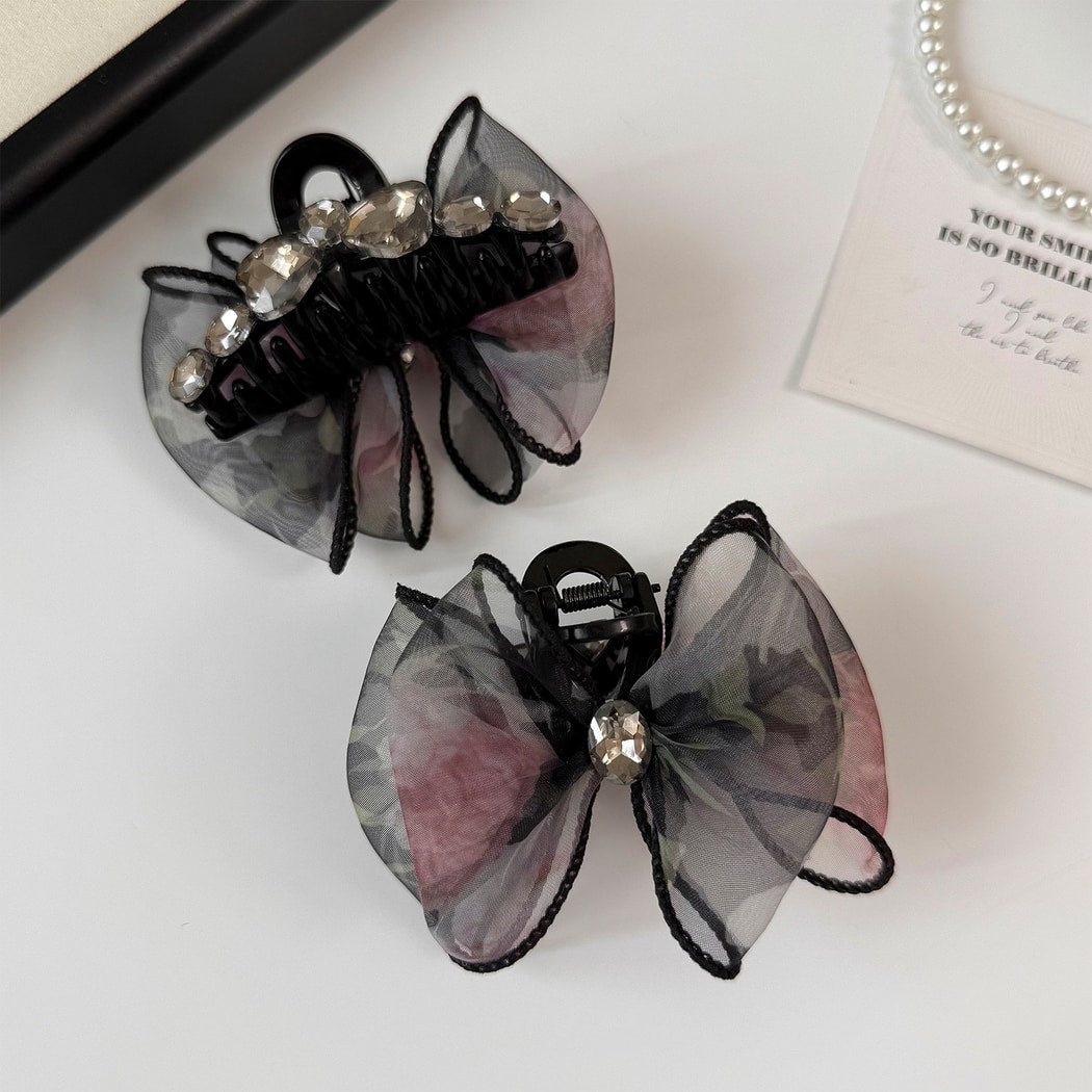 Beau - Mesh Bow Rhinestone Accent Claw Clip
