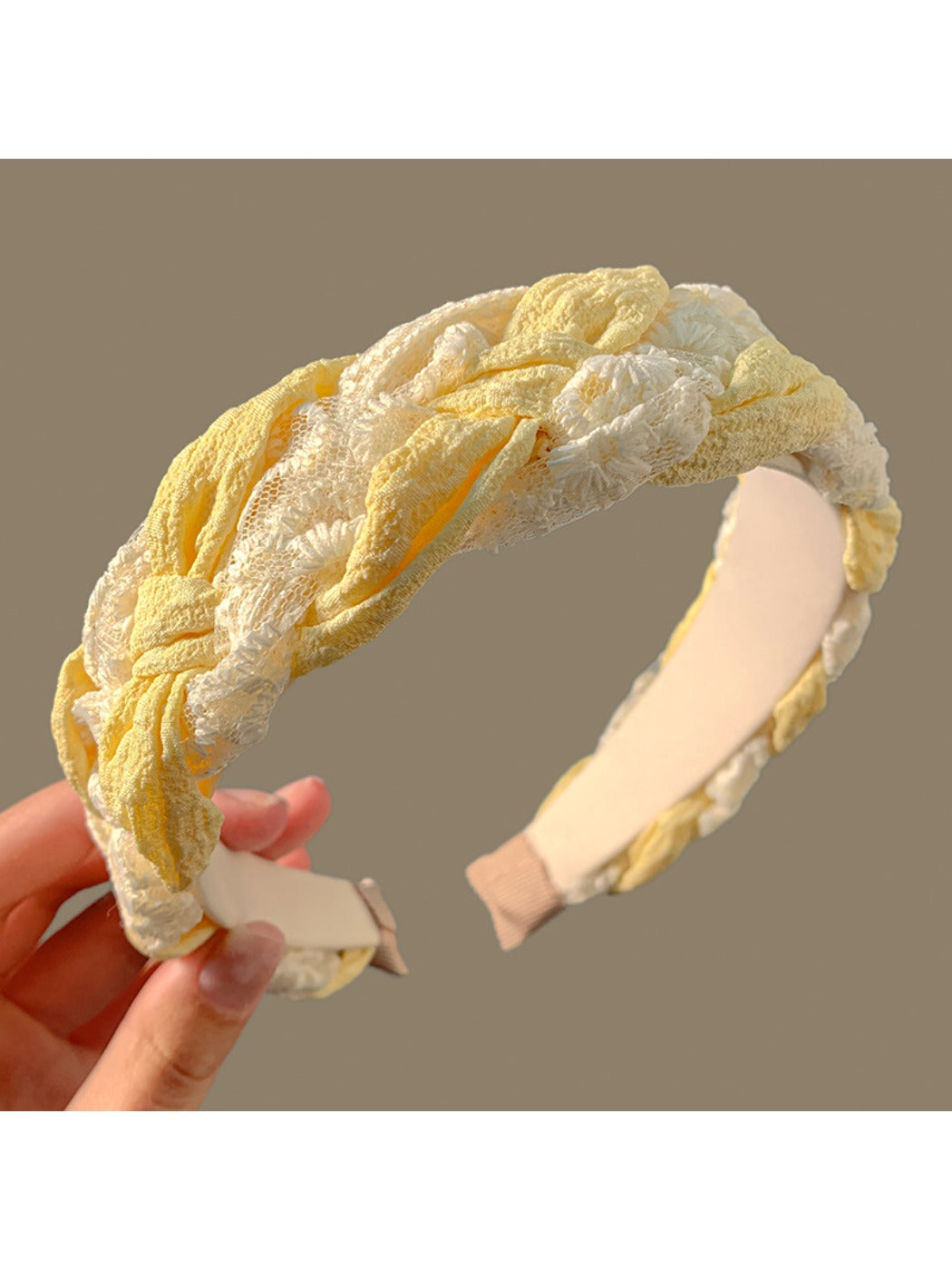 Model showcasing Gifty Happy Lace headband in pastel blue with loose hair