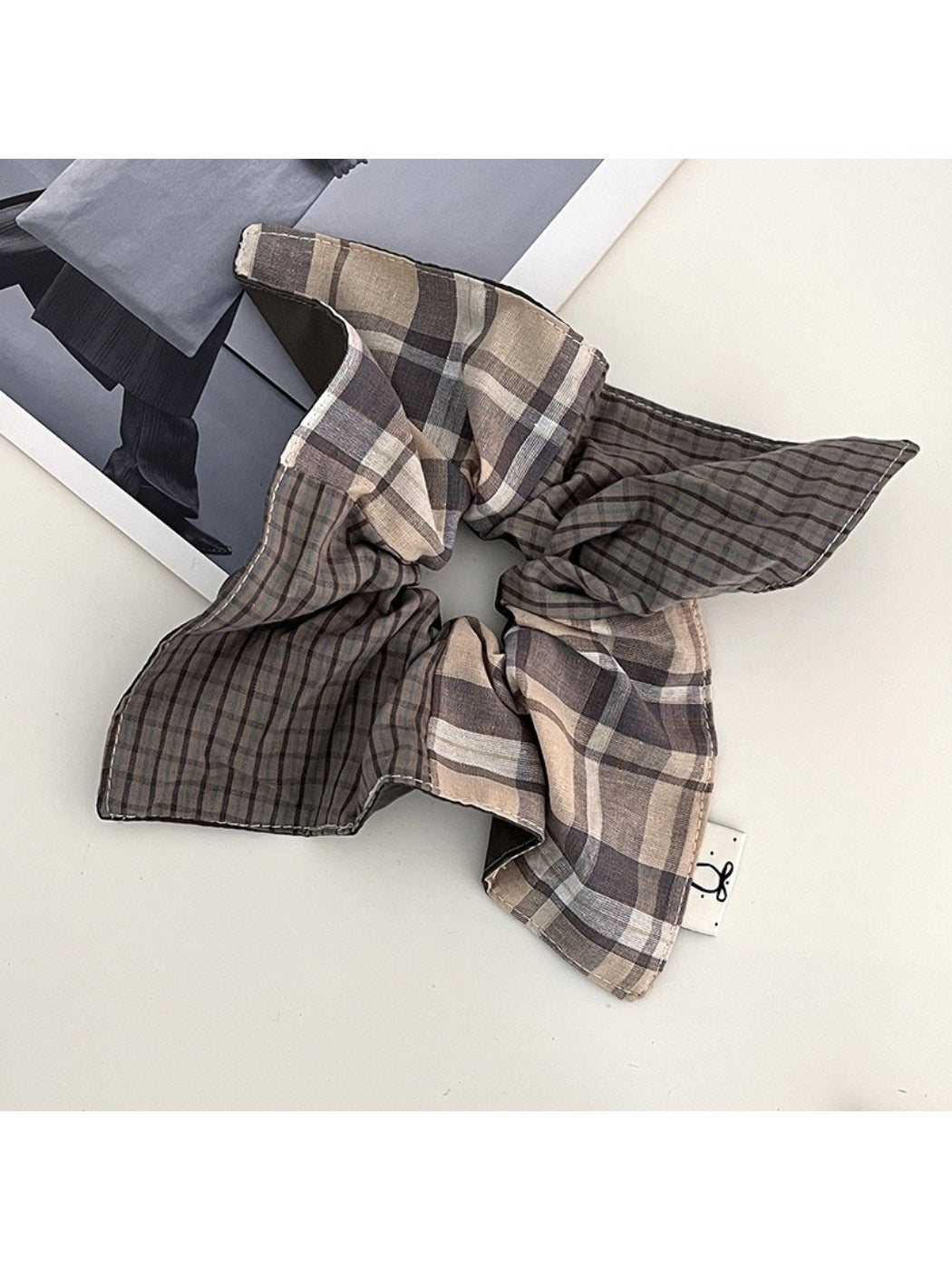 Gifty plaid square scarf scrunchie displayed flat showing full square shape