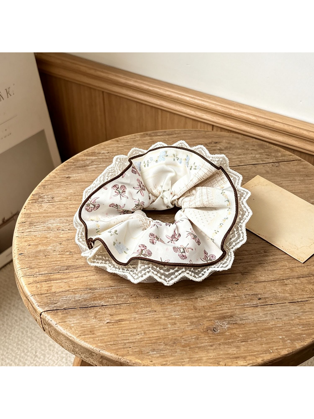 Gifty - Floral Lace Trim Oversized Ruffle Scrunchie