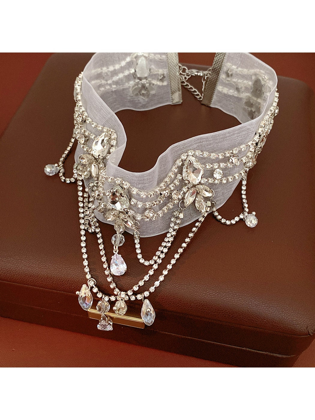 Nozari - Rhinestone Teardrop Chiffon Chain Necklace