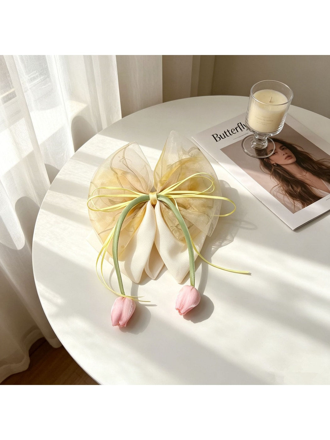 Beau - Tulip Bow Ribbon Ponytail Floral Hair Clip