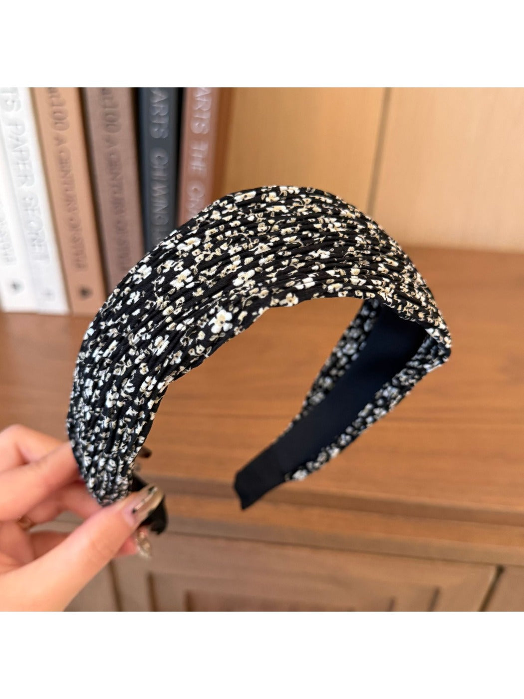 Wide vintage print headband packaged in branded box with product tag