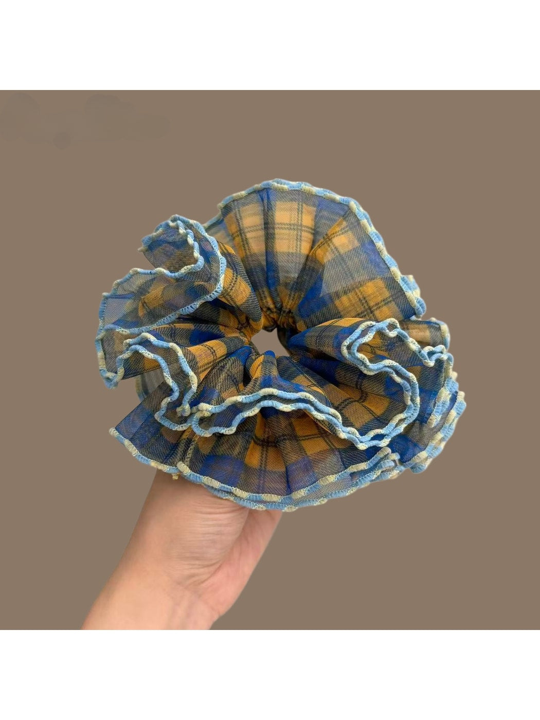 Gifty - Sheer Plaid Ruffled Polyester Scrunchie