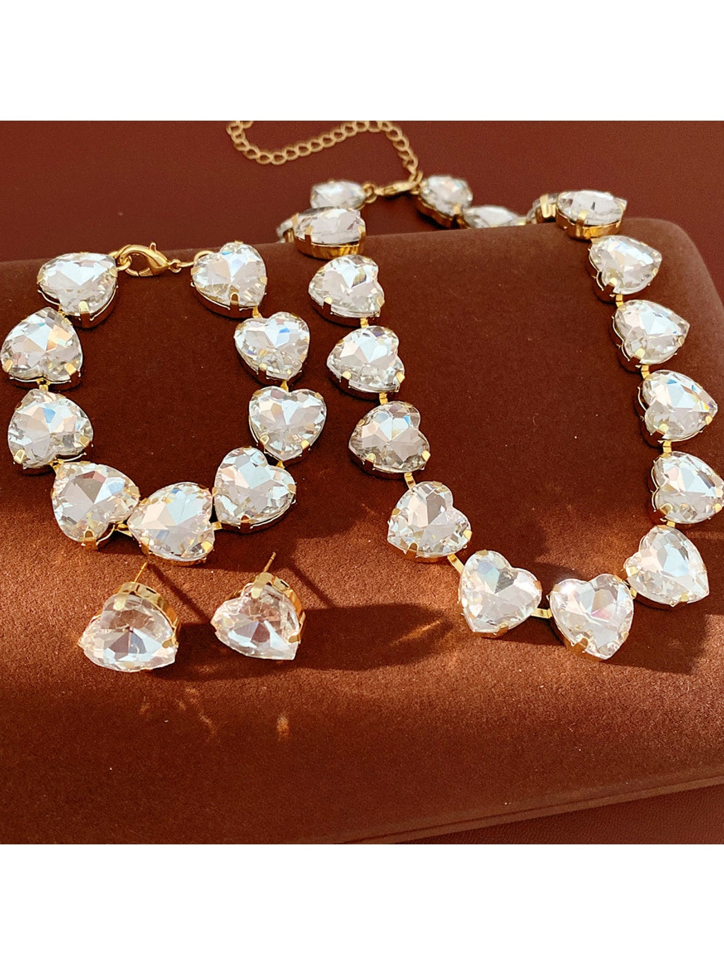 Nozari - Heart Rhinestone Clavicle Chain Necklace Set