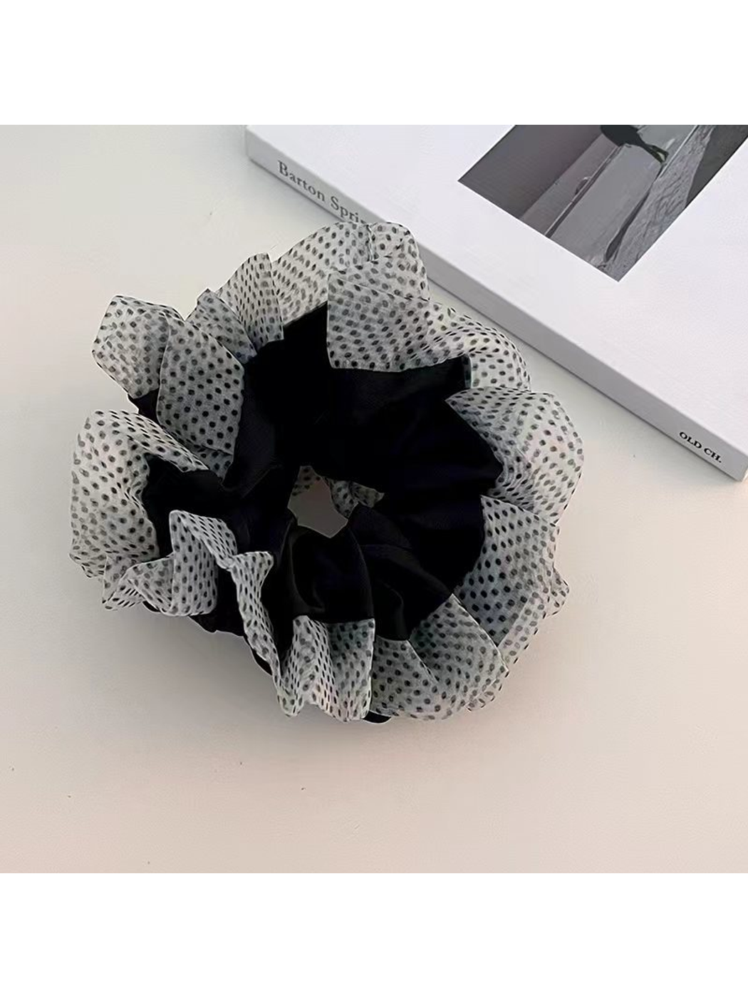 Gifty - Polka Dot Mesh Ruffle Trim Hair Scrunchie