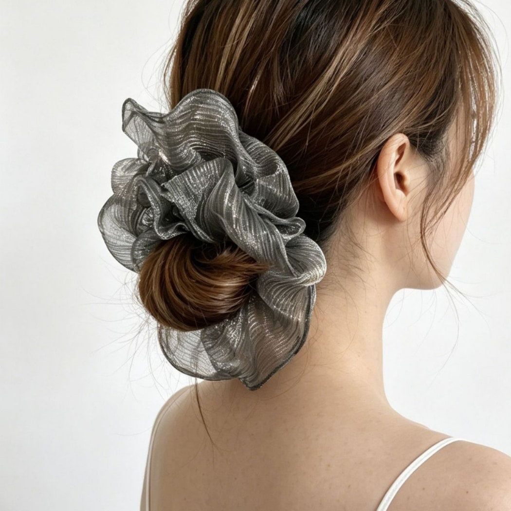 Gifty - Gray Sheer Striped Polyester Scrunchie