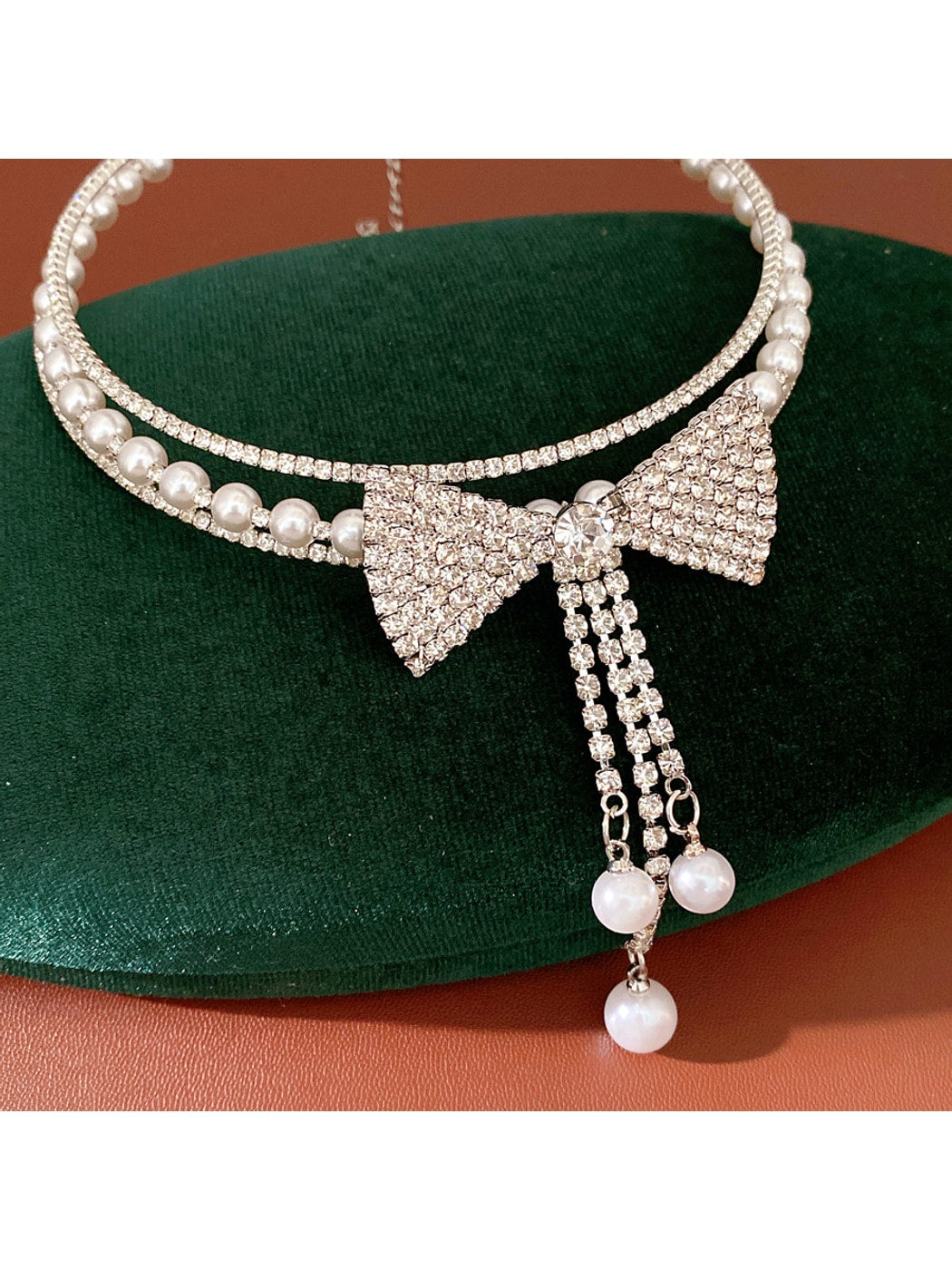 Nozari - Layered Bow Tassel Rhinestone Necklace