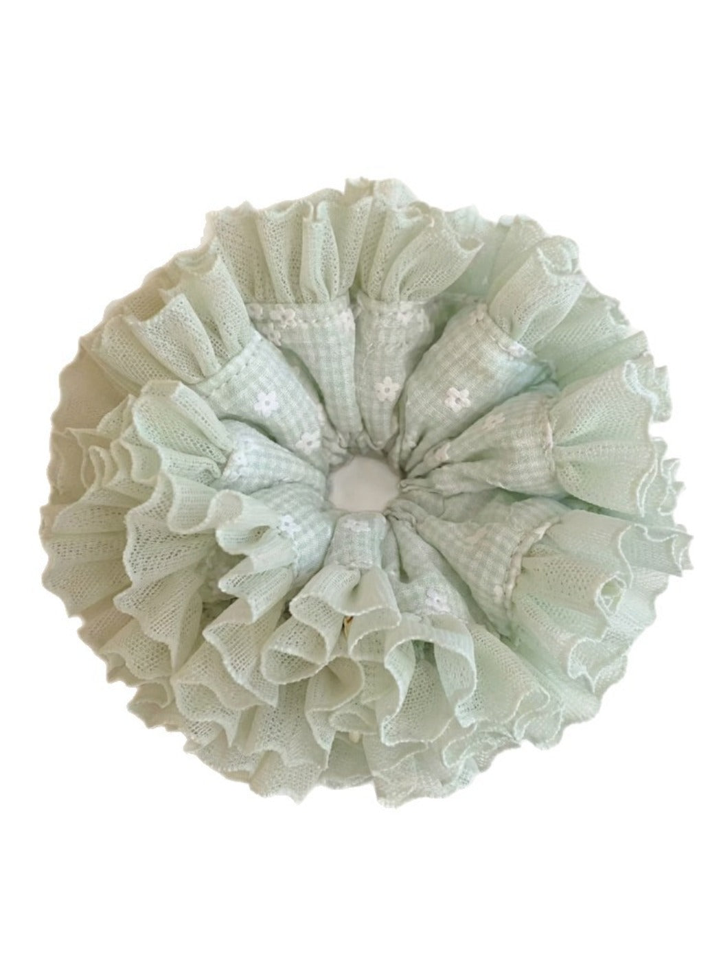 Scrunchie stretched to show elastic band inside mint green plaid tulle ruffles