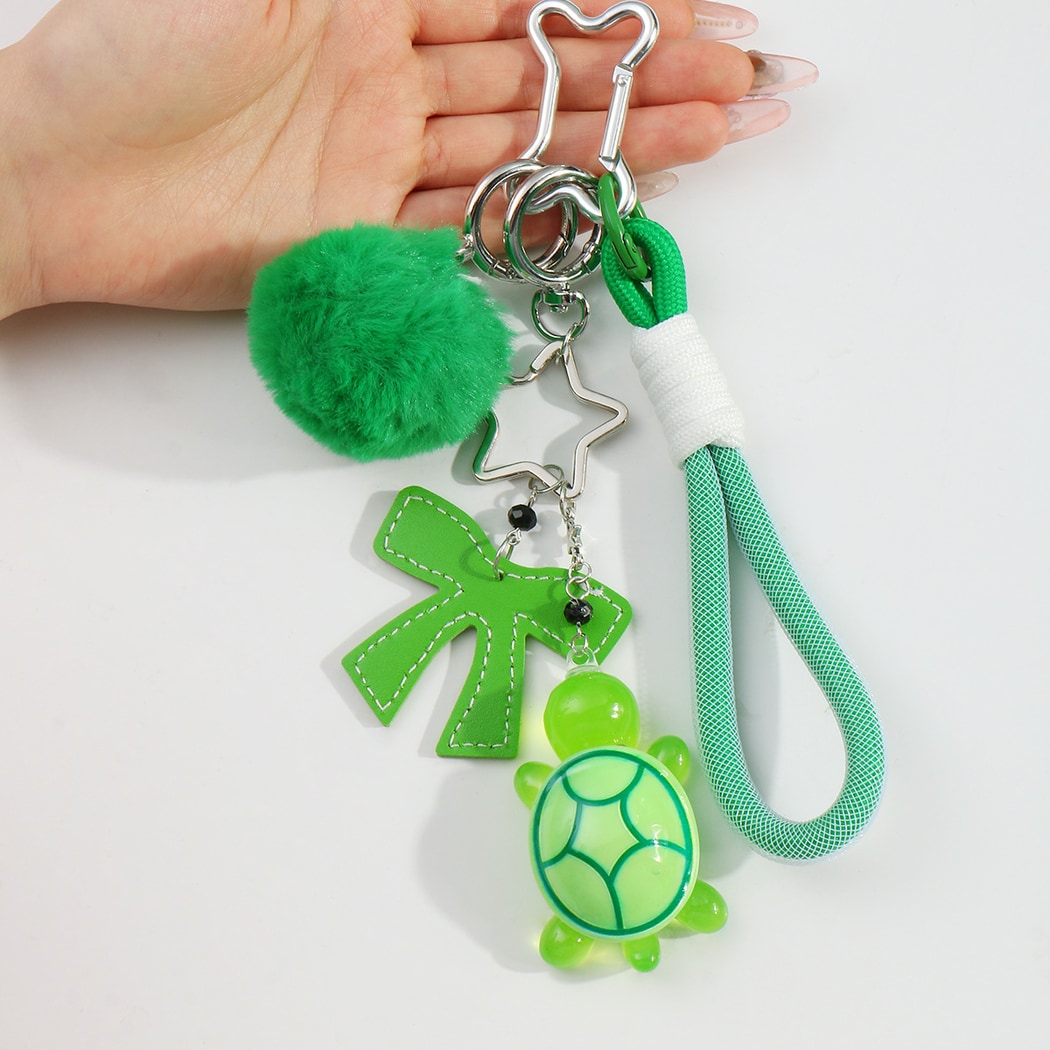 Keypus - Green Pom Pom Bow Turtle Keychain