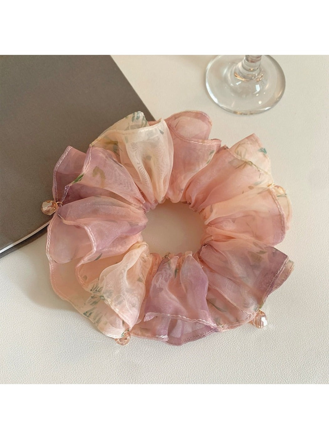 Side view of Gifty sweet printed scrunchie highlighting its double layered construction