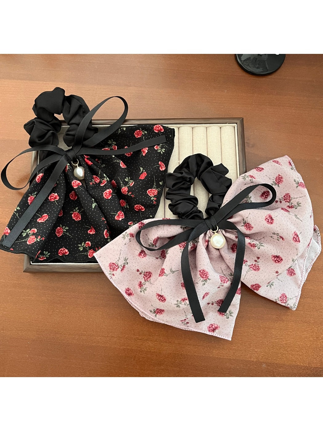 Gifty-Large Bow Hair Tie Floral Print Low Ponytail Accessory