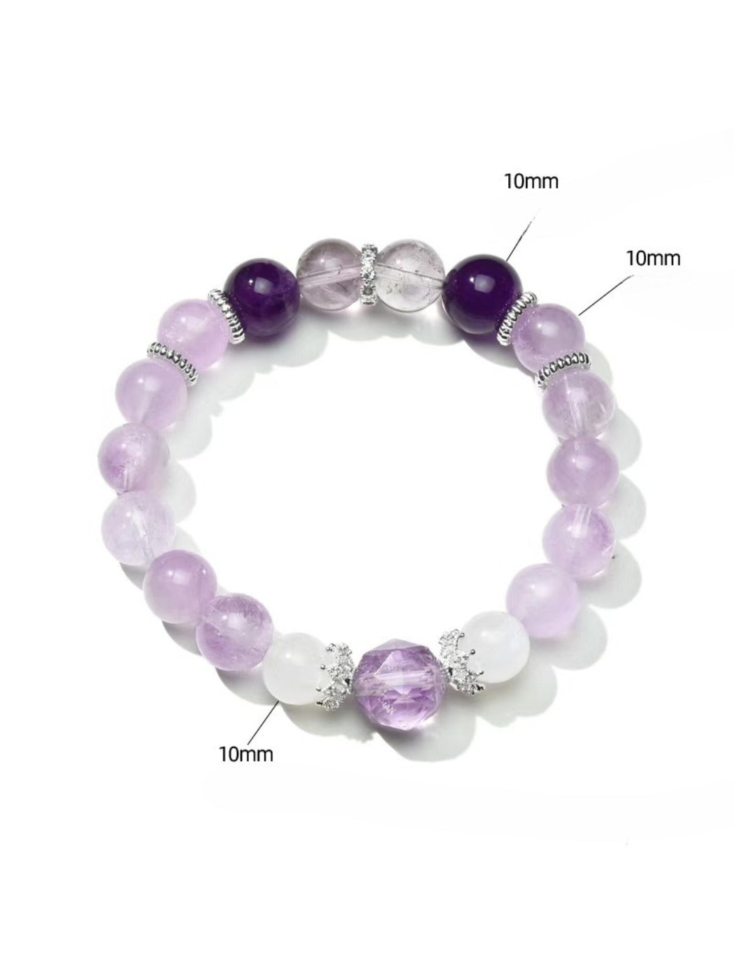 Lavender crystal beaded bracelet with silver accents on a white background