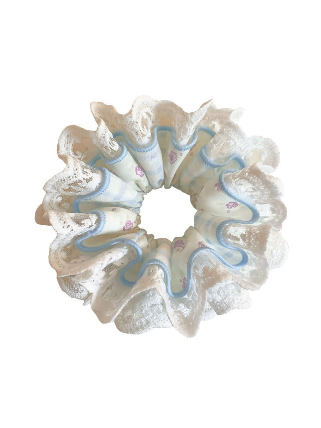 Top view of Gifty floral lace scrunchie showing layered design and floral pattern