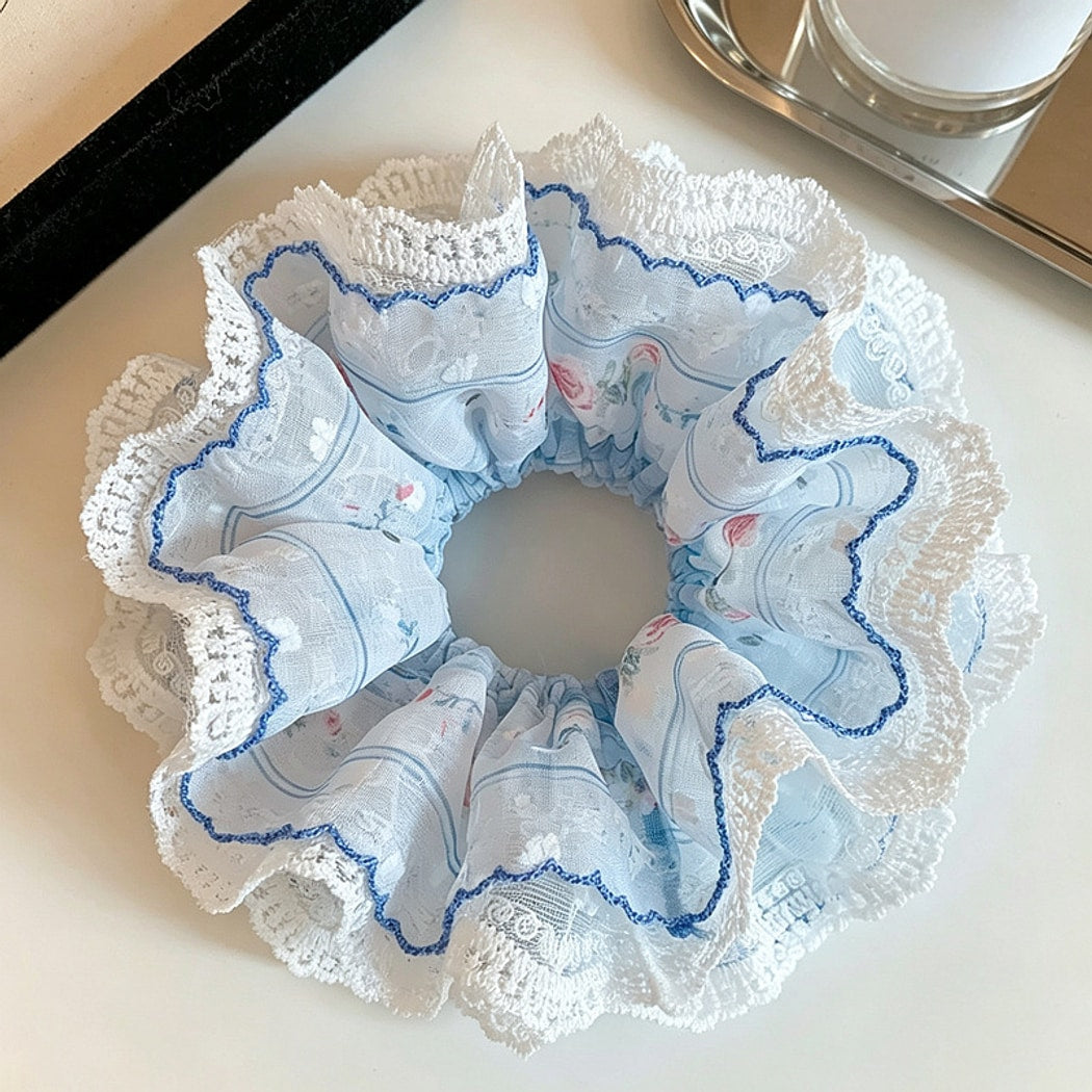 Gifty - Blue Floral Lace Trim Ruffle Edge Scrunchie