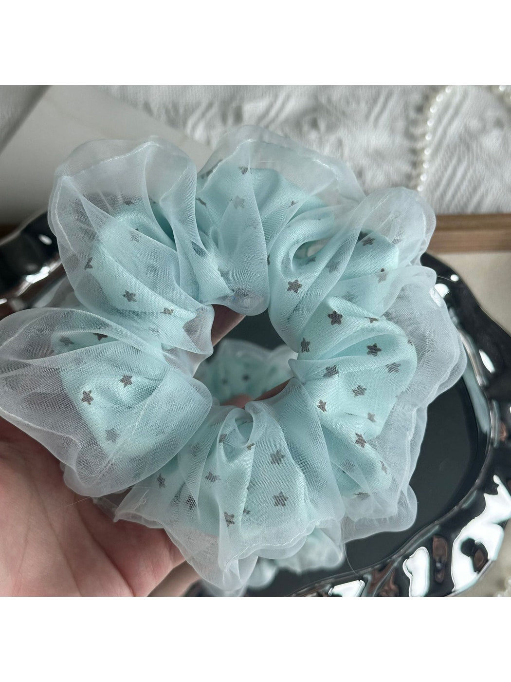 Gifty - Blue Sheer Star Mesh Ruffled Hair Scrunchie