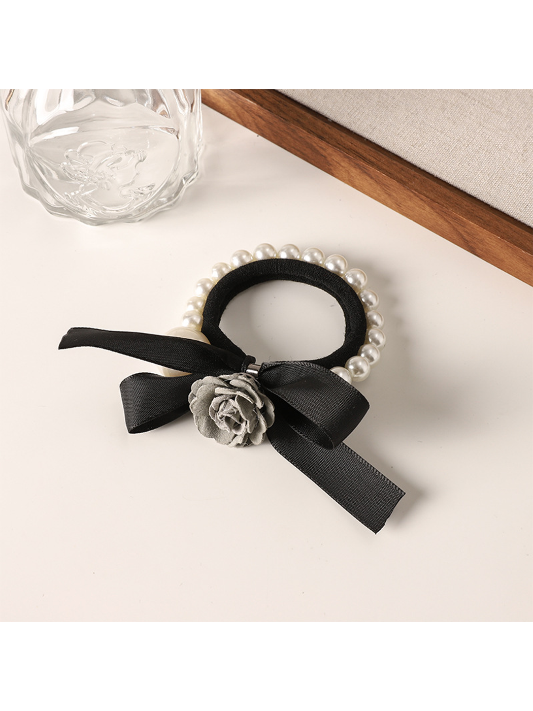 Gifty - Beaded Bow Camellia Ponytail Hair Tie