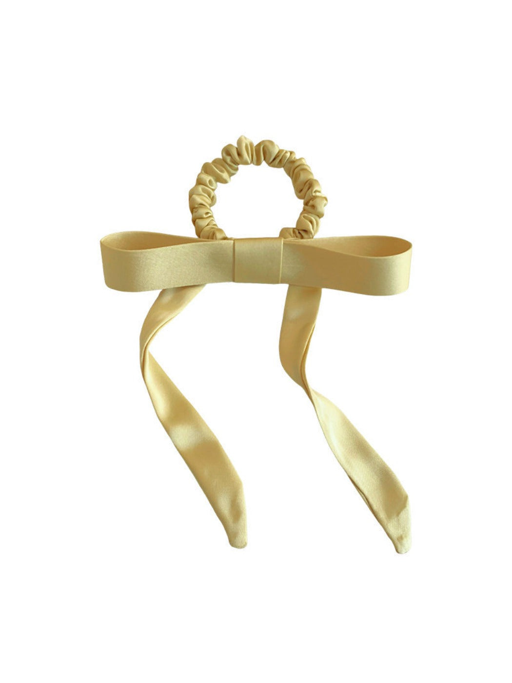 Gifty satin yellow ribbon bow scrunchie styled in blonde hair ponytail