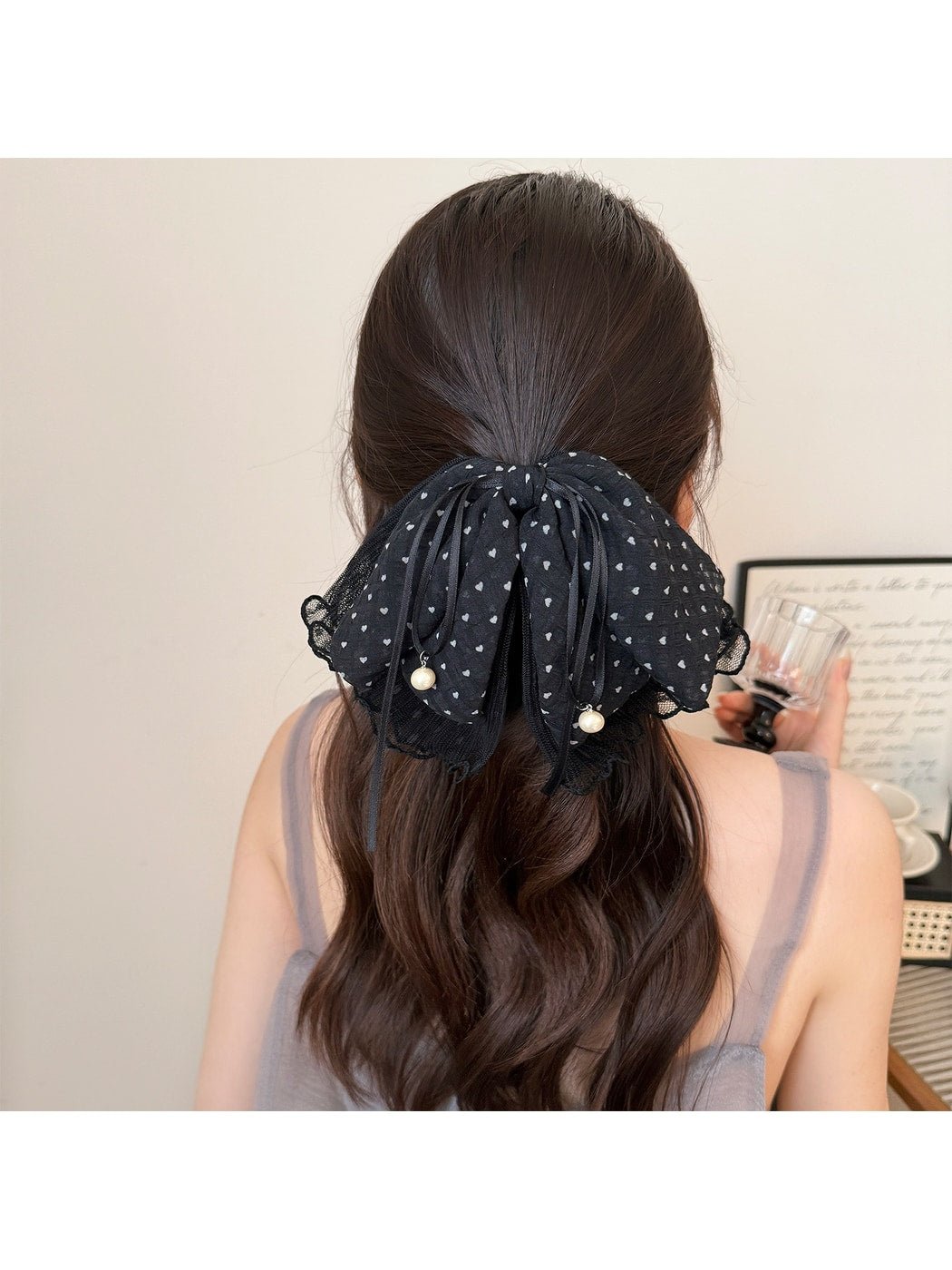 Beau - Polka Dot Ribbon Bow Lace Trim Hair Clip