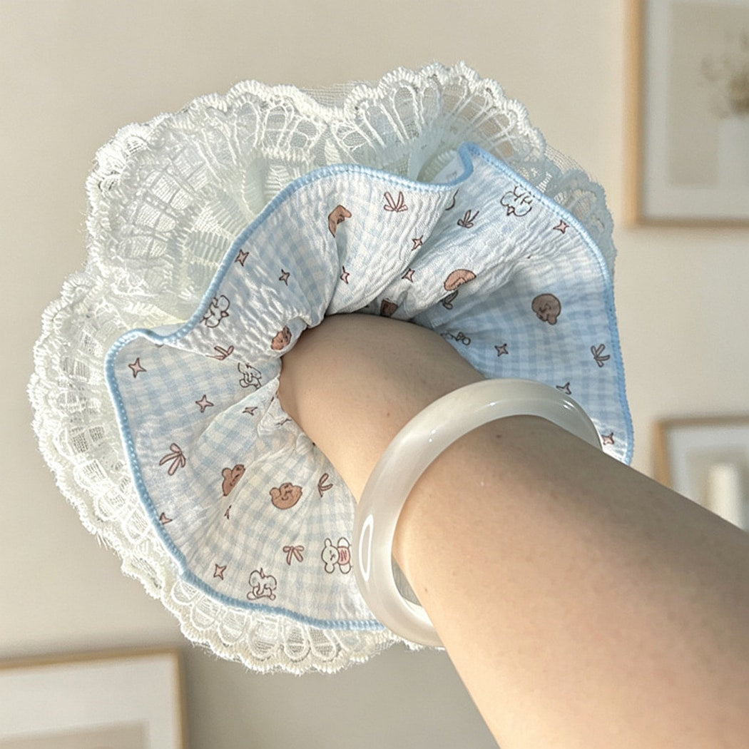 Gifty - Lace Trim Plaid Puppy Print Scrunchie