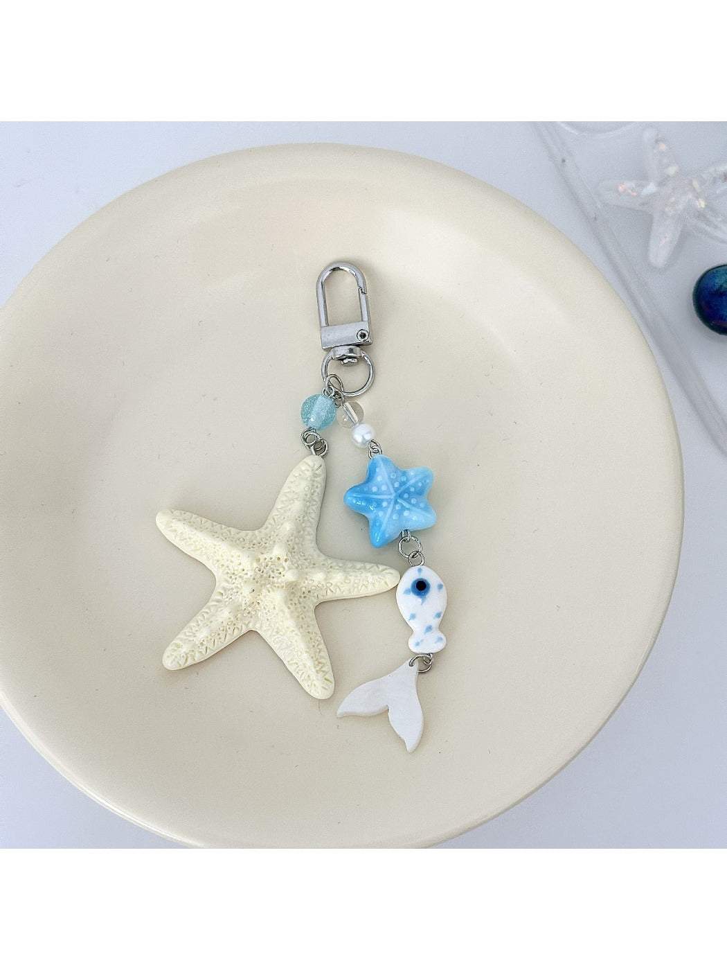 Ocean Starfish Little Fish keychain with metal ring and ocean creature charms