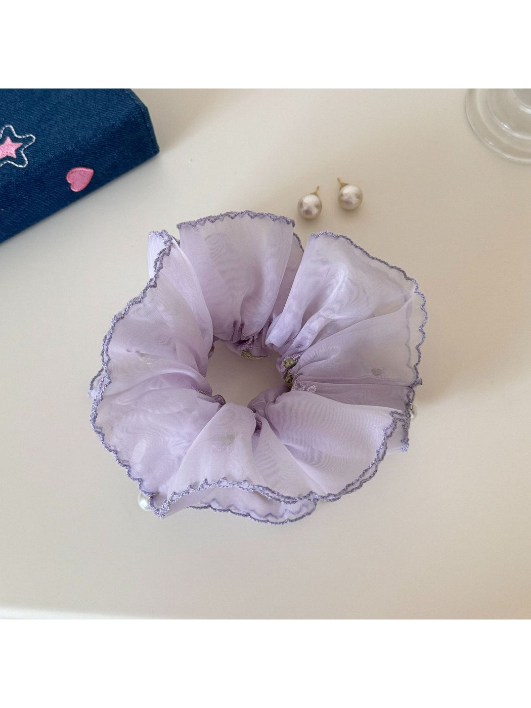 Gifty - Embroidered Floral Mesh Polyester Scrunchie