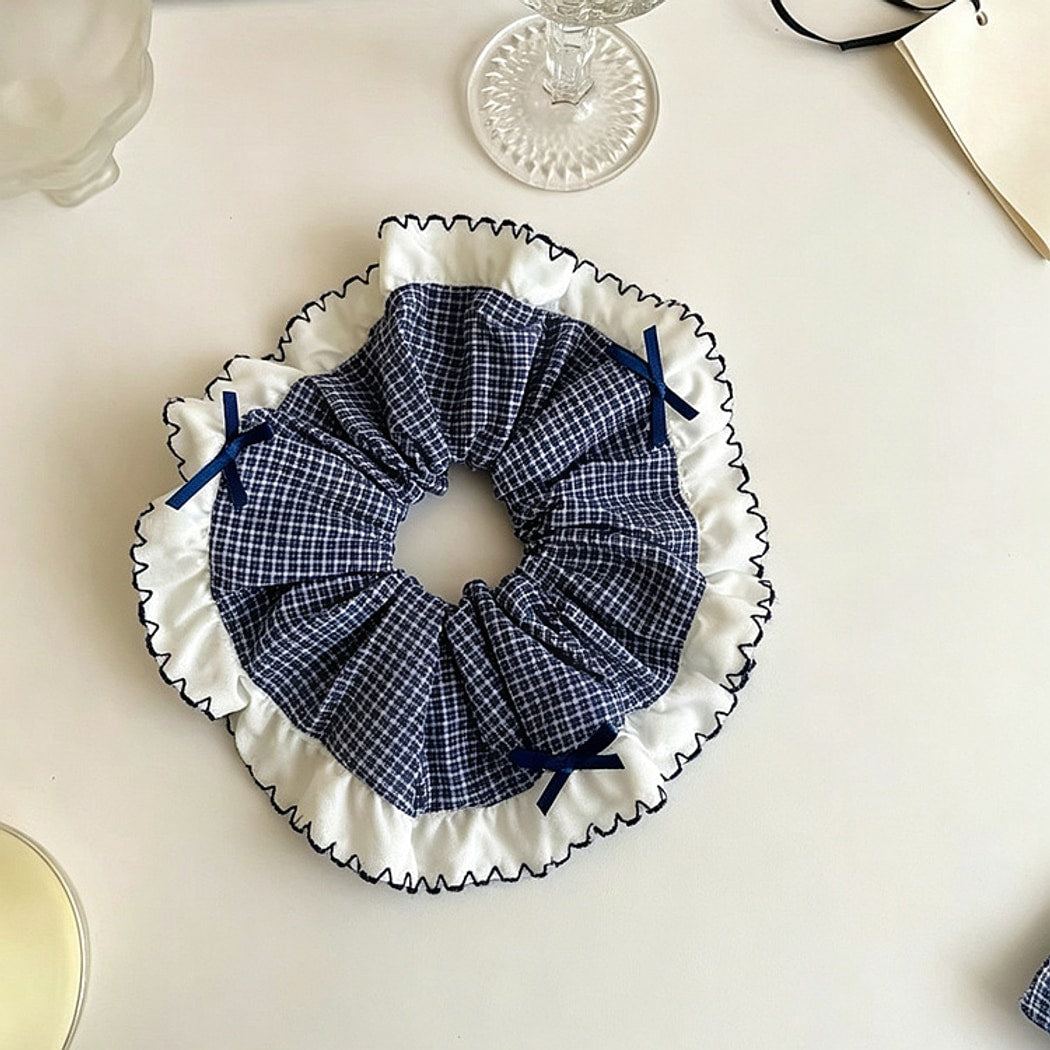 Gifty - Polyester Grid Ruffle Ribbon Bow Scrunchie