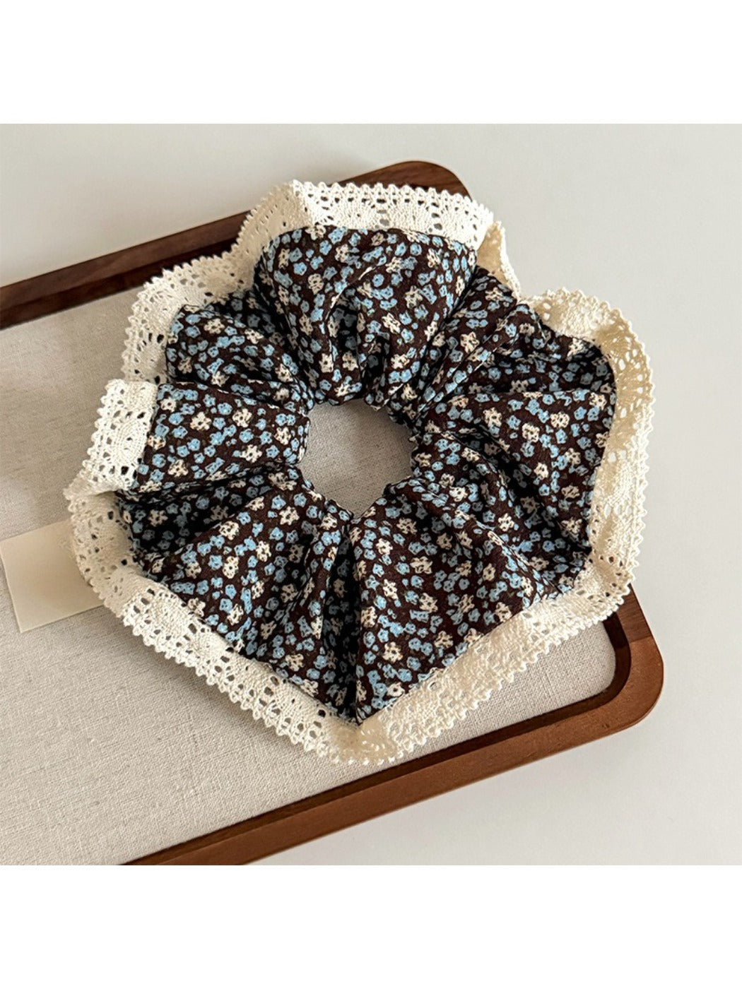 Gifty soft floral lace trim scrunchie styled with casual outfit accessories