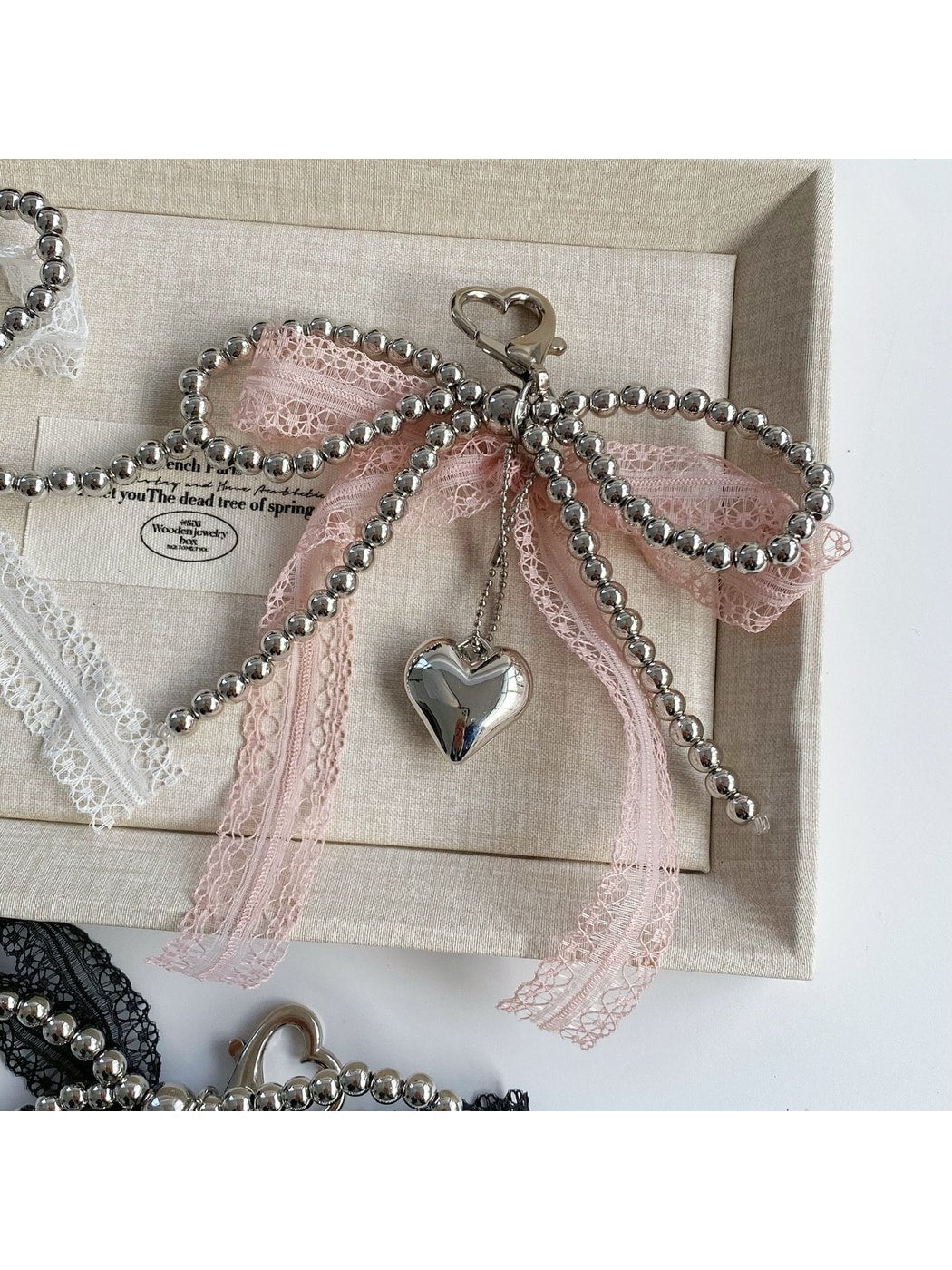 Keypus - Lace Bow Heart Pendant Bag Charm Keychain