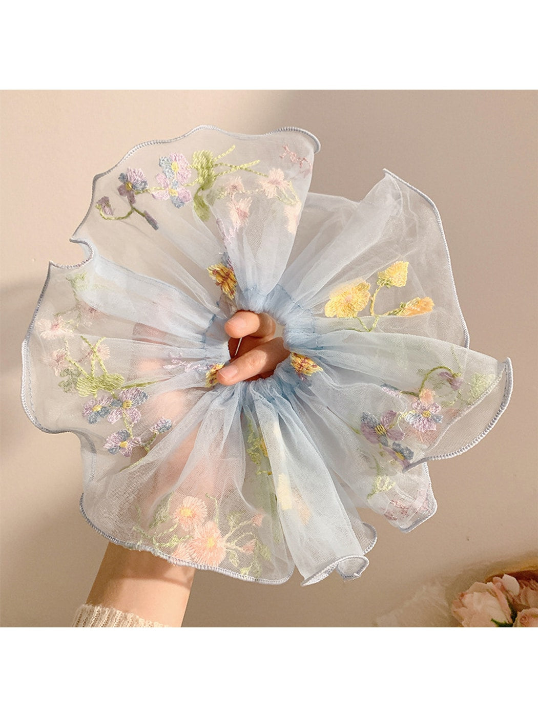 Gifty - Embroidered Sheer Ruffled Polyester Scrunchie