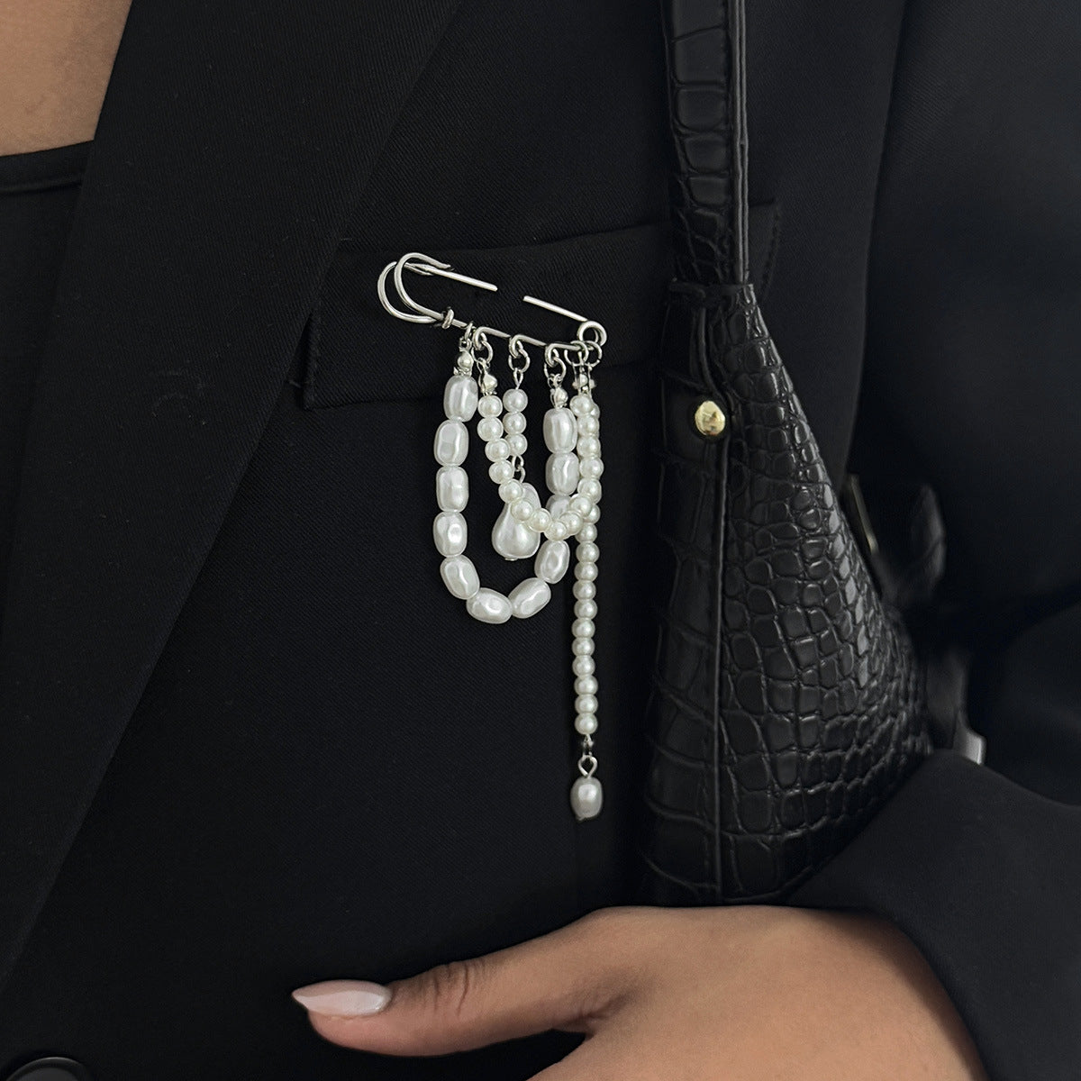 Brovia - Layered Chain Dangle Safety Pin Brooch