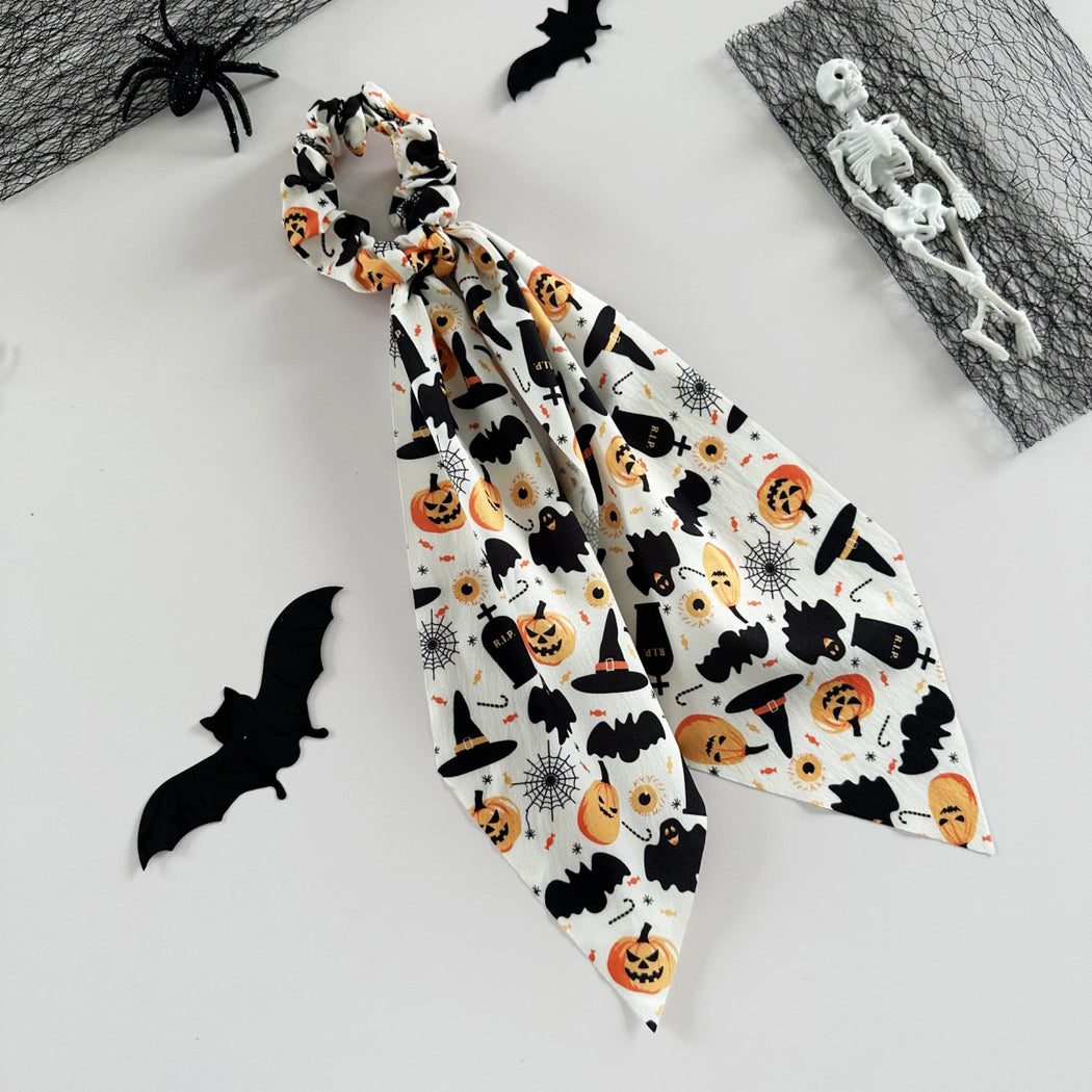 White Halloween theme ribbon scrunchie