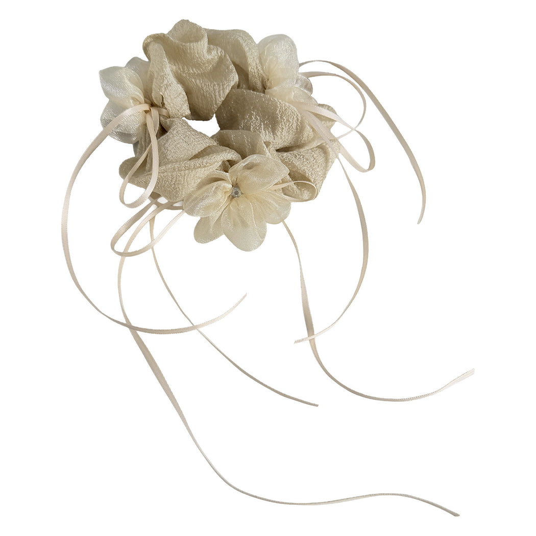 Tulle bow ribbon scrunchie on white background