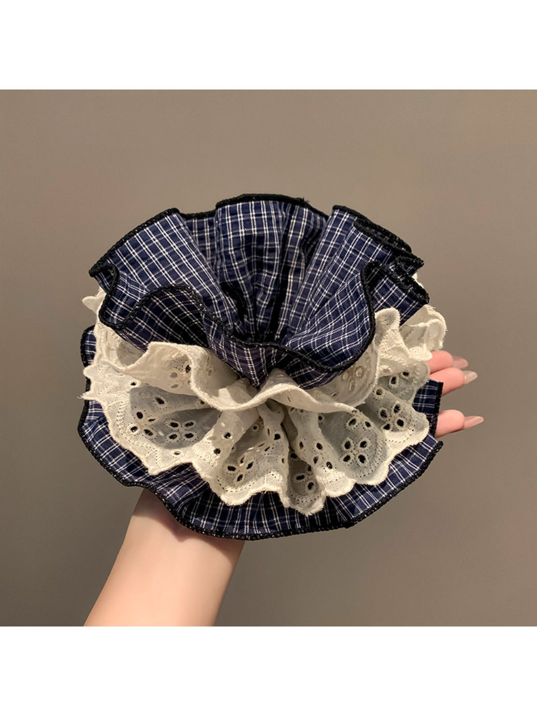 Gifty - Brown Plaid Lace Four Layer Scrunchie