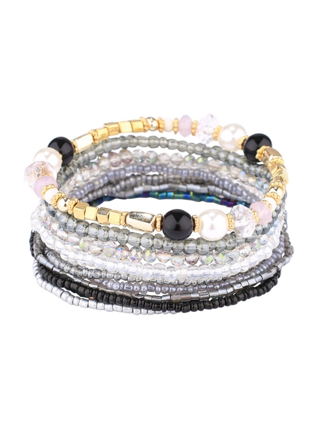 Lovra colorful beaded bracelet photographed on a neutral background