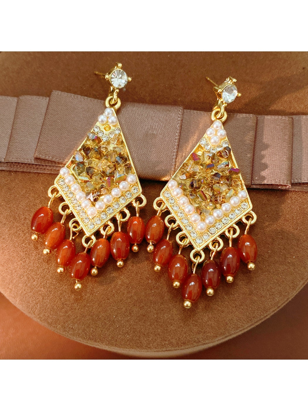 Earedge - Geometric Rhinestone Tassel Dangle Earrings