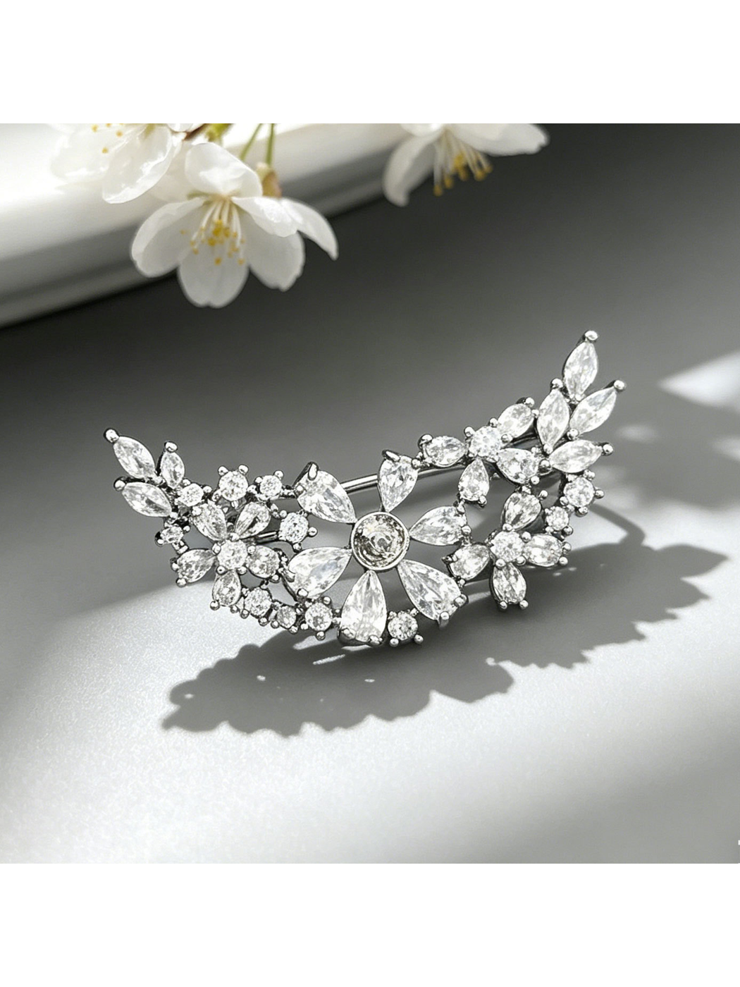 Brovia - Curved Floral Leaf Rhinestones Brooch Pin