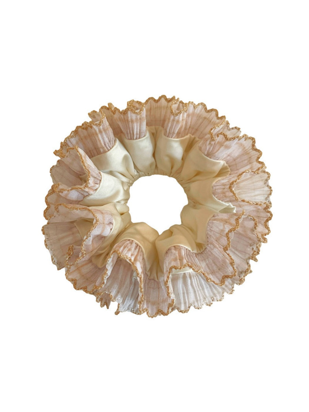 Multiple Gifty satin lace trim scrunchies in various pastel colors arranged together