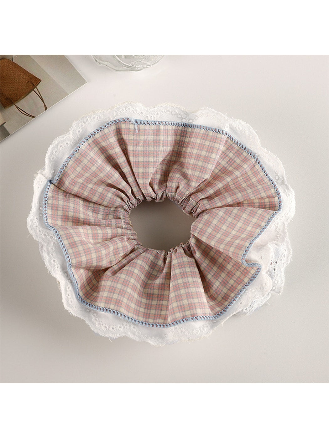 Gifty - Pink Plaid Lace Trim Polyester Fabric Scrunchie