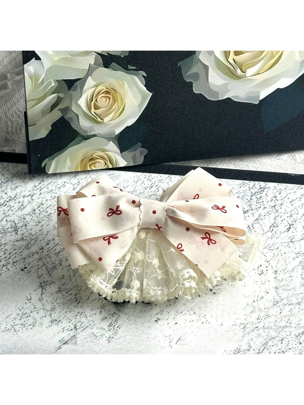 Beau - Cherry Print Bow Lace Trim Spring Hair Clip