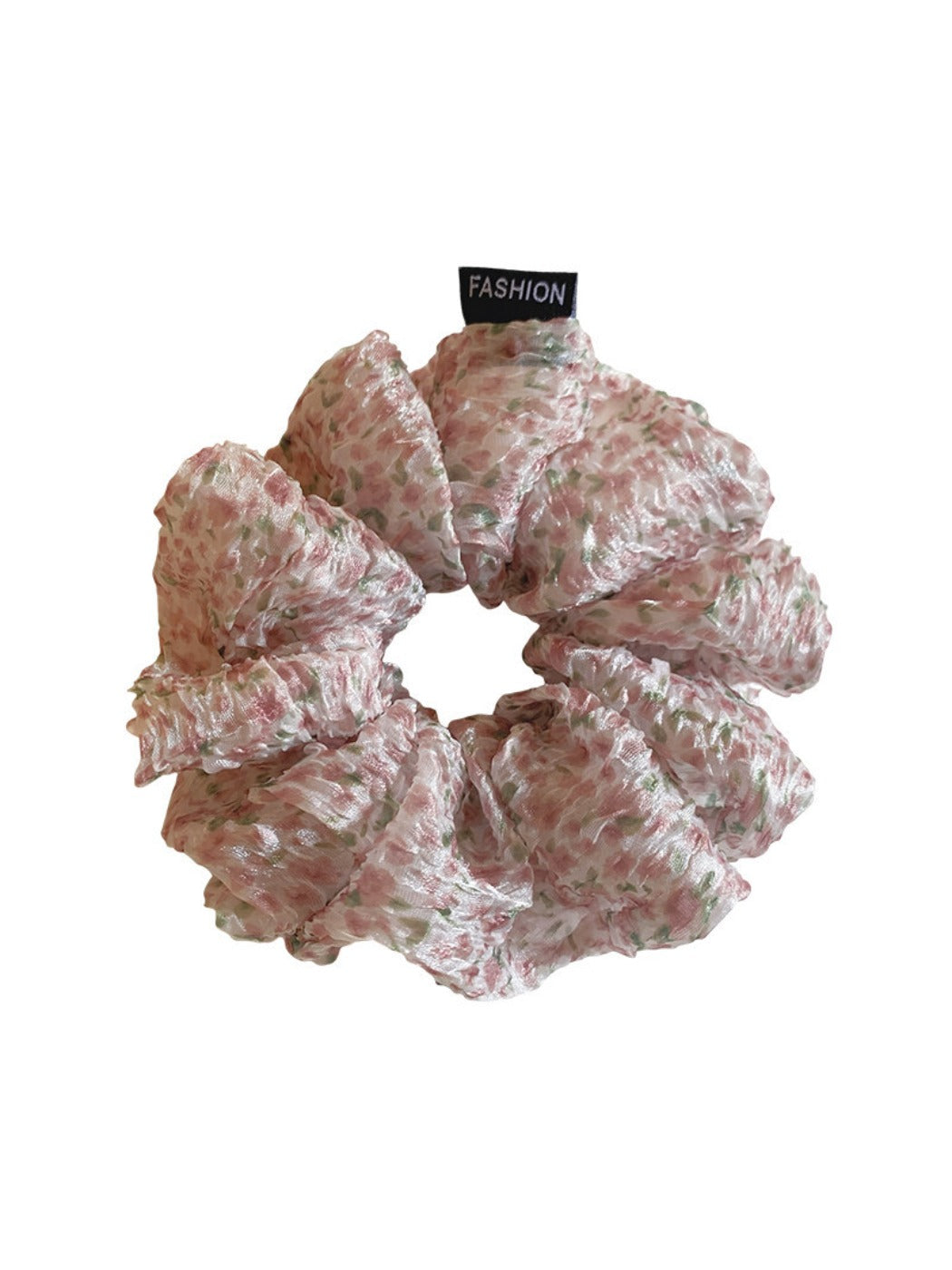 Pink floral print tulle scrunchie displayed flat with ruffled edges