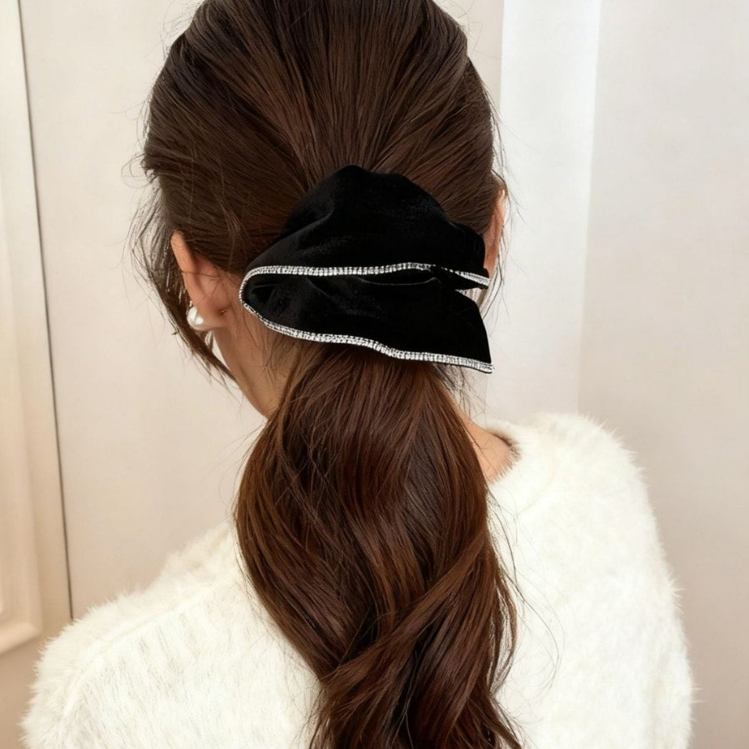 Gifty - Black Velvet Ruffle Trim Scrunchie