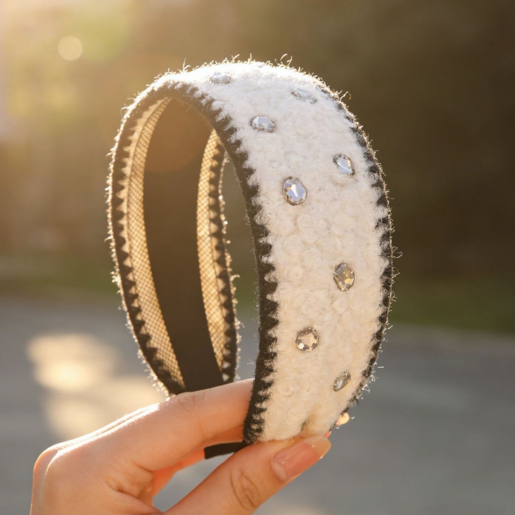 Gifty - Rhinestone Trim Textured Wide Headband