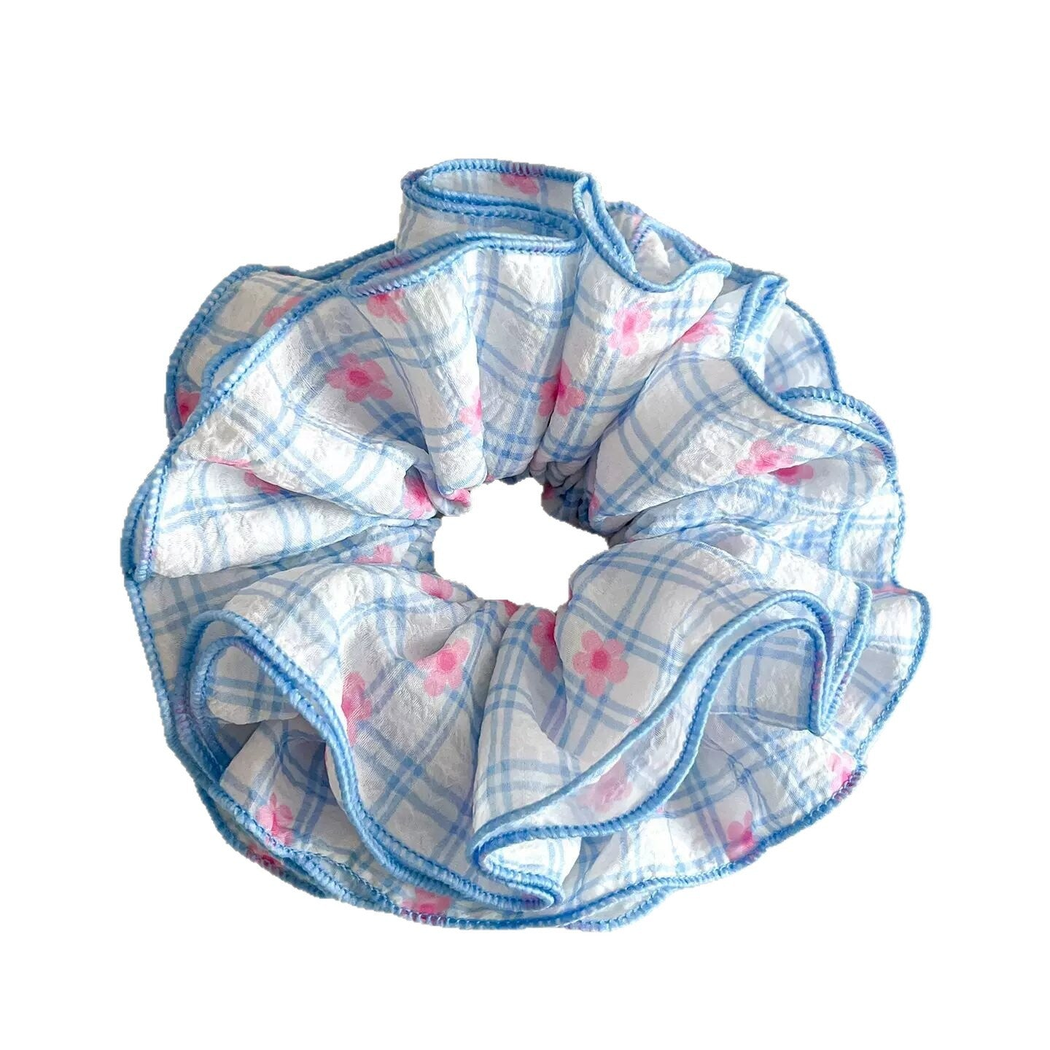 Gifty - Blue Check Floral Ruffle Scrunchie