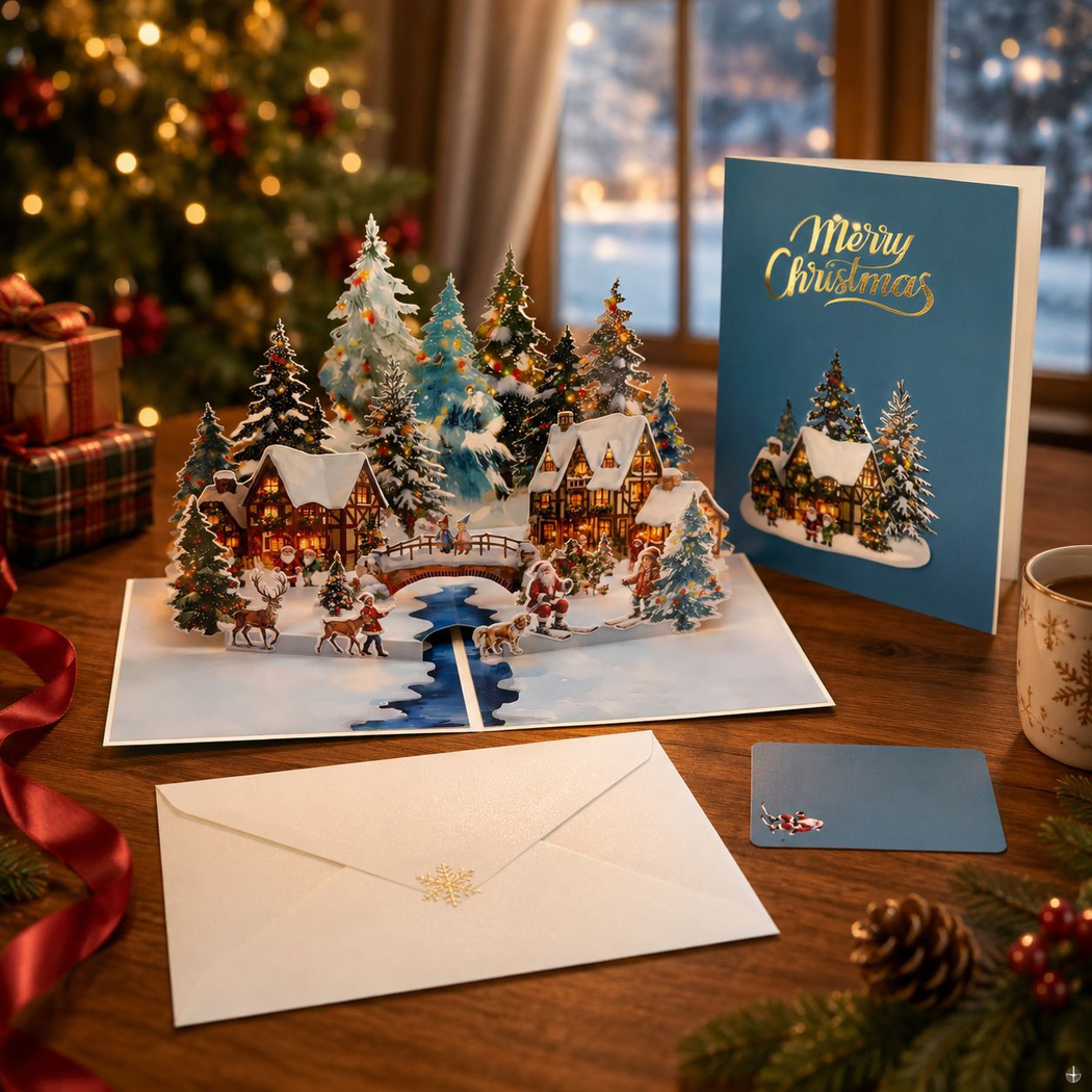 Carduria - Christmas Snowy Village 3D Pop-Up Greeting Card