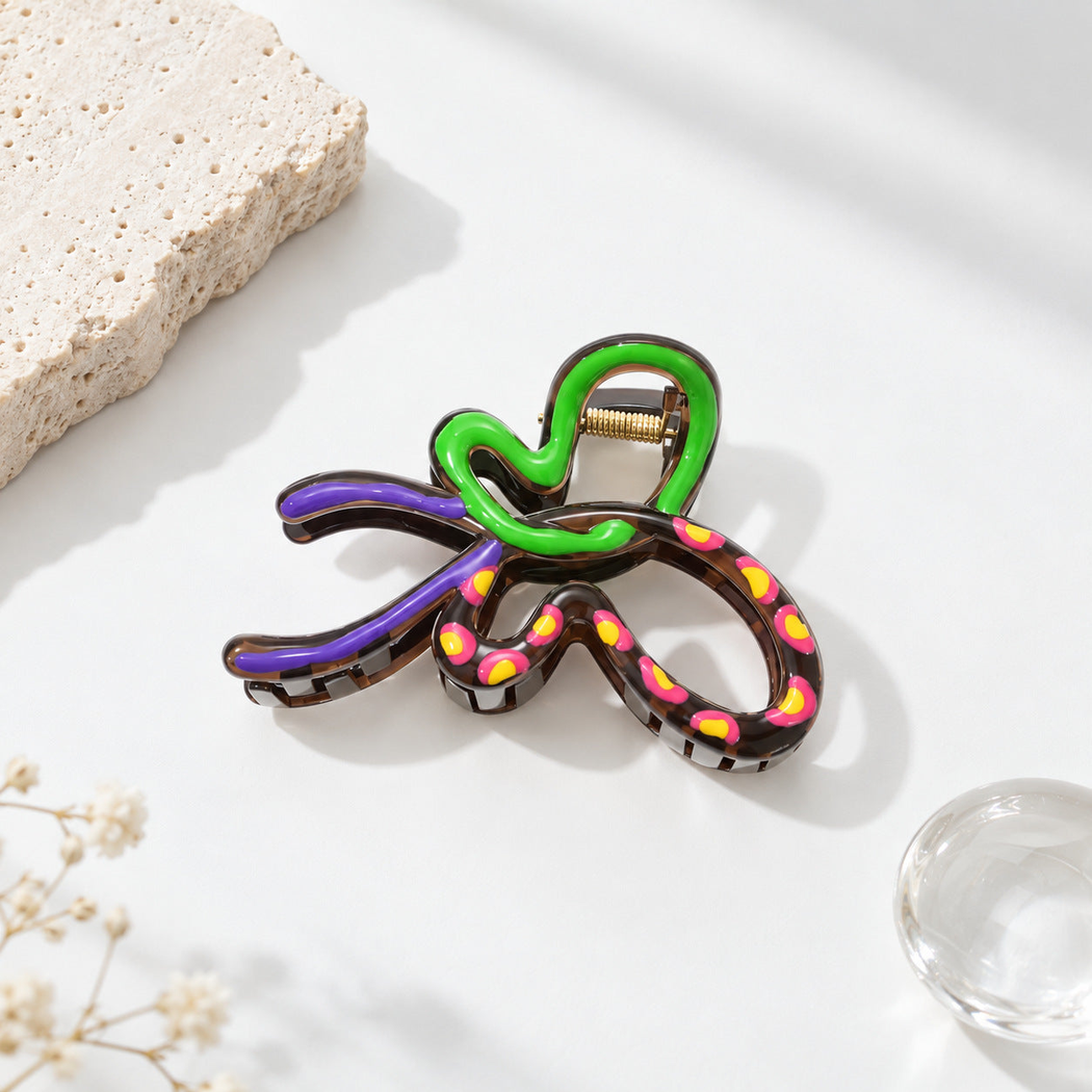 Beau - Polka-Dot Bow-Tail Layered-Grip Claw Clip