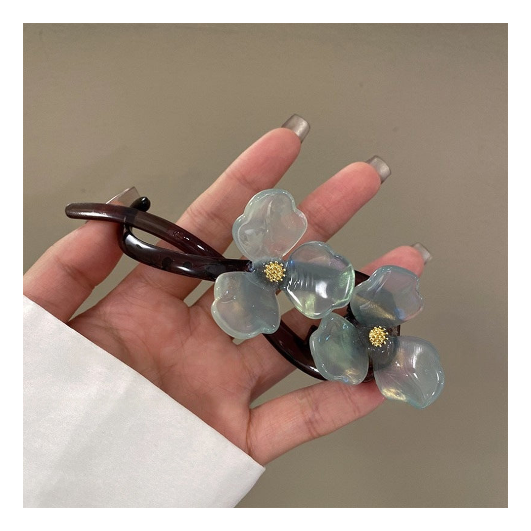 Beau - Twin Translucent Flowers Open Curved-Frame Hair Clip