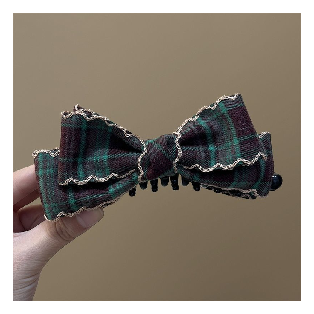 Beau - Green Plaid Layered Bow Banana Hair Clip