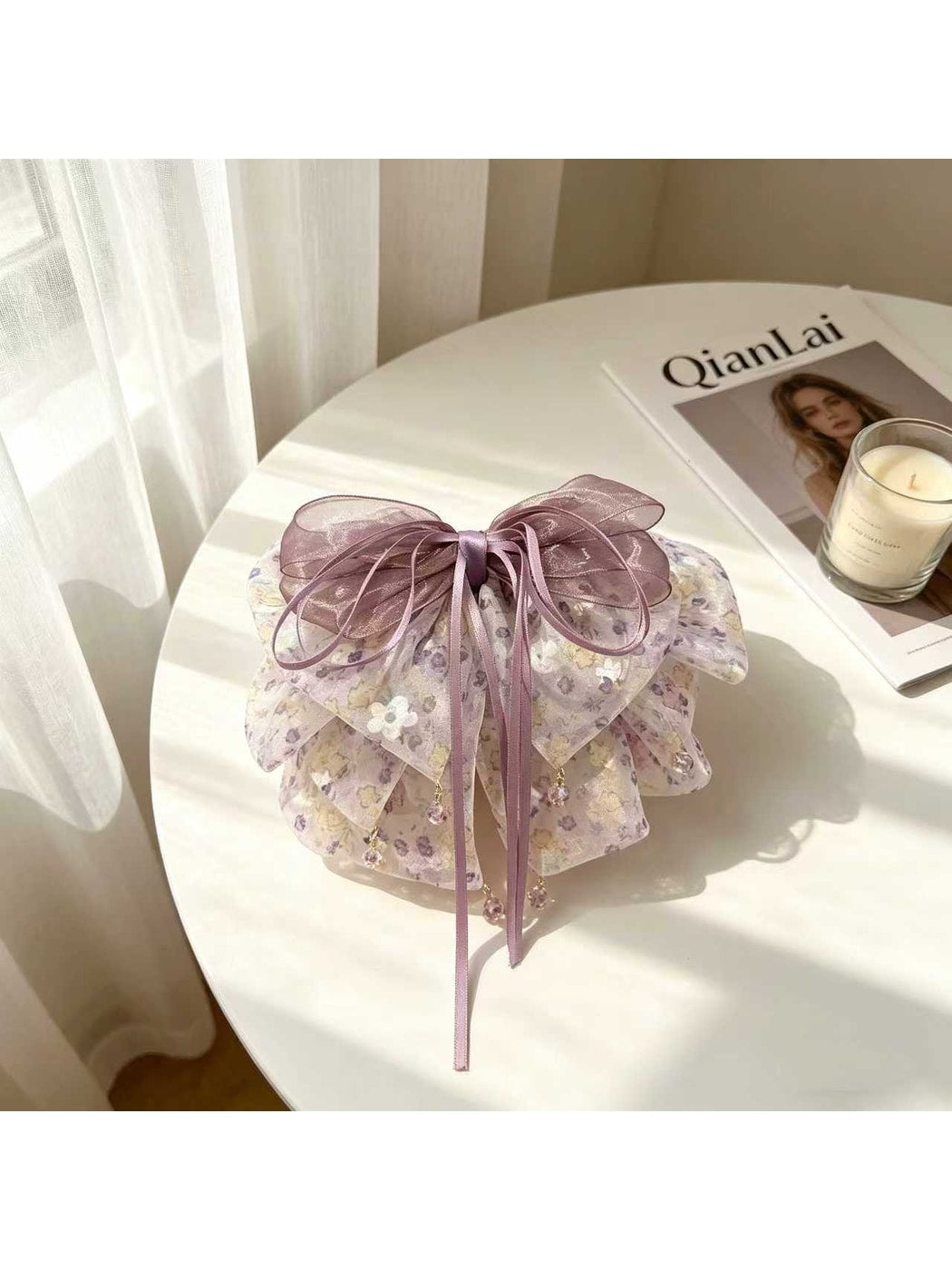 Beau - Floral Bow Ruffle Fabric Surface Claw Clip